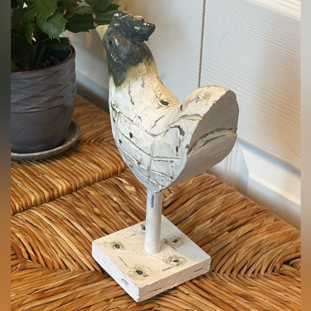 Rustic Country Farm Barn Style White and Black Rooster Sculpture Made of Wood - Picture 4 of 7